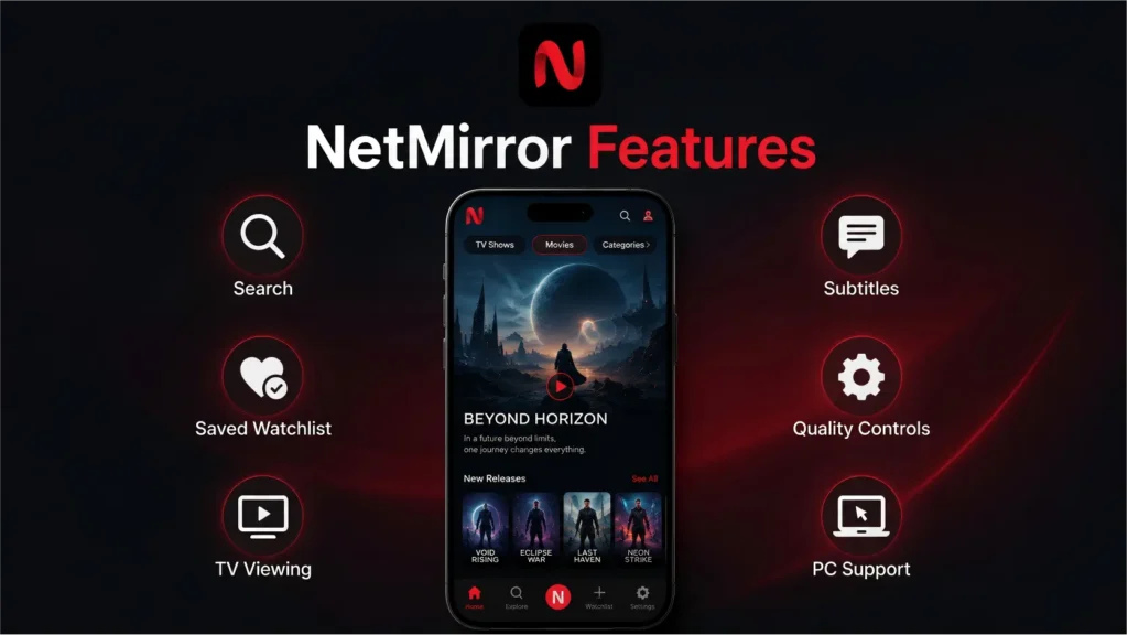 NetMirror APK features including search, subtitles and multi-device support