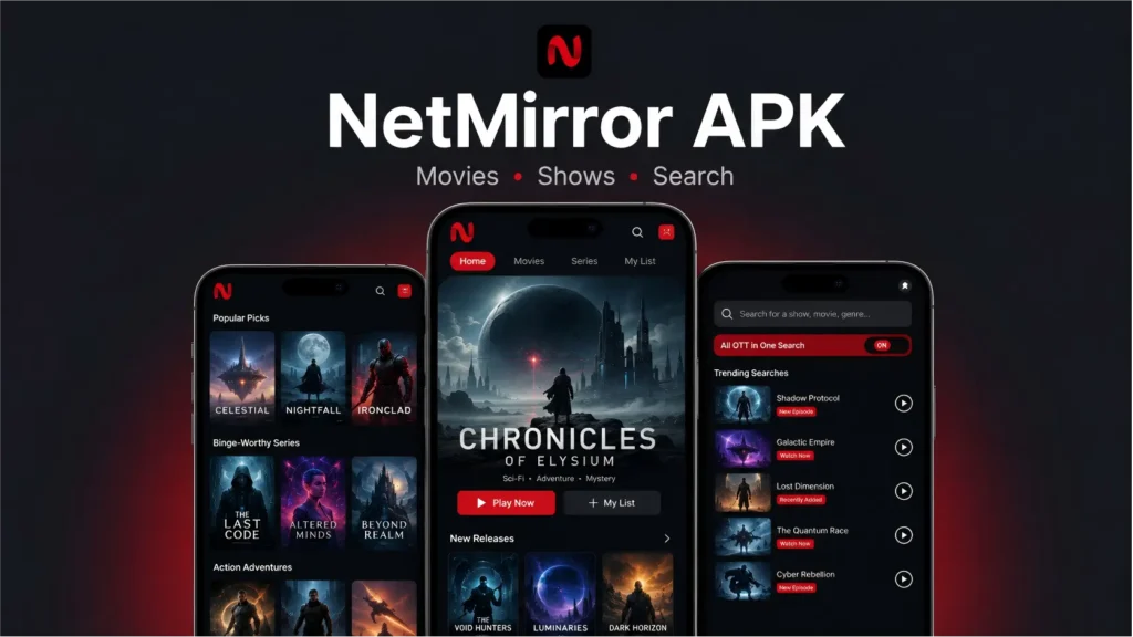 NetMirror APK interface showing movies, series and search options